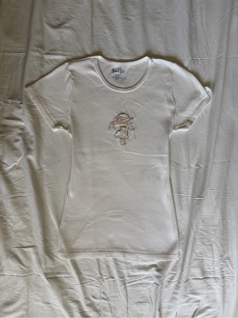 Brandy Melville White Tee with Small Embroidered Girl Graphic